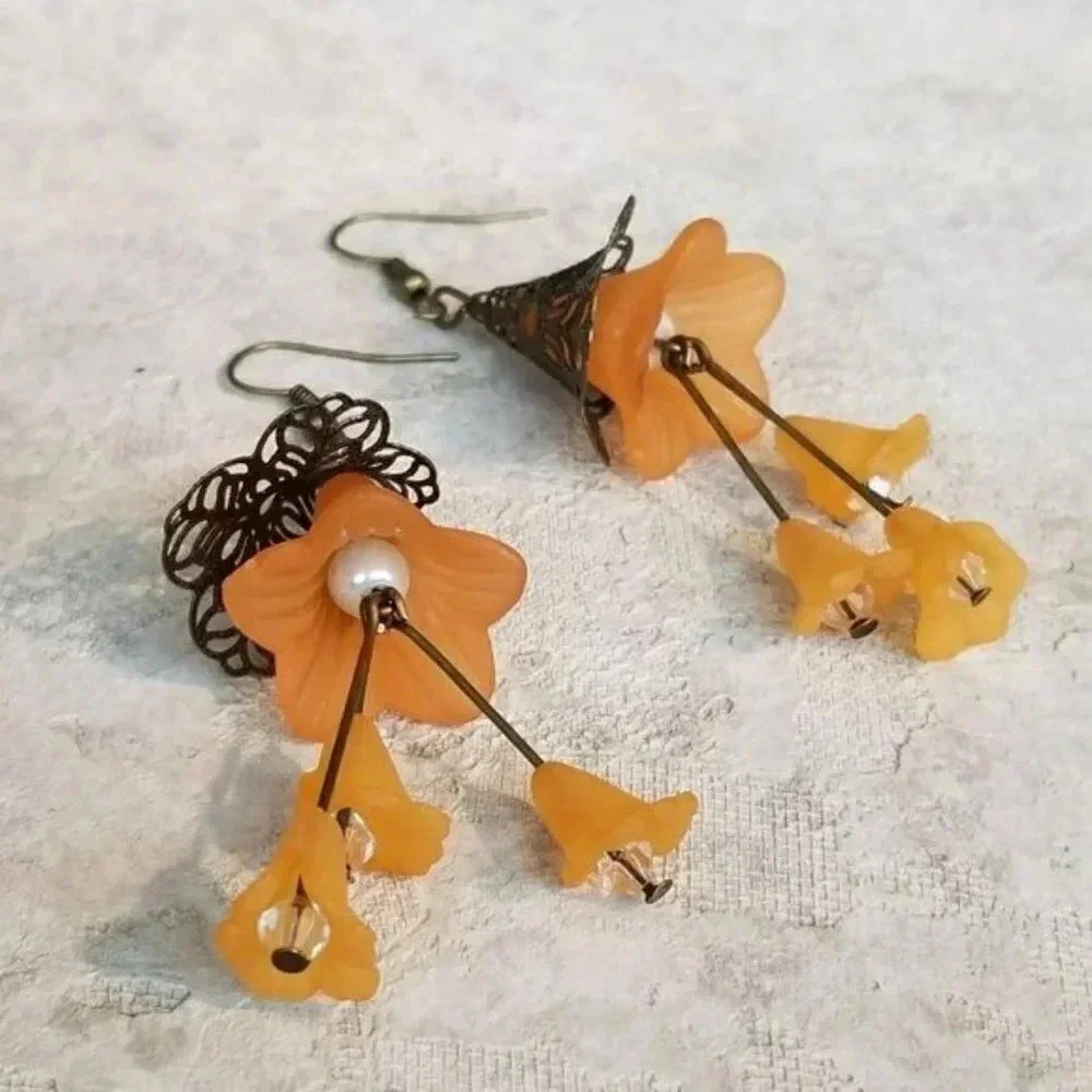 Steampunk Frosted Orange Tulip Bronze Filigree Cascade Earrings